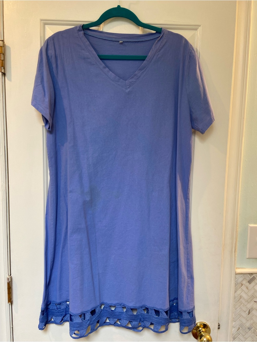 Women's Blue V-Neck Short Sleeve Tunic Dress with Crochet Hem